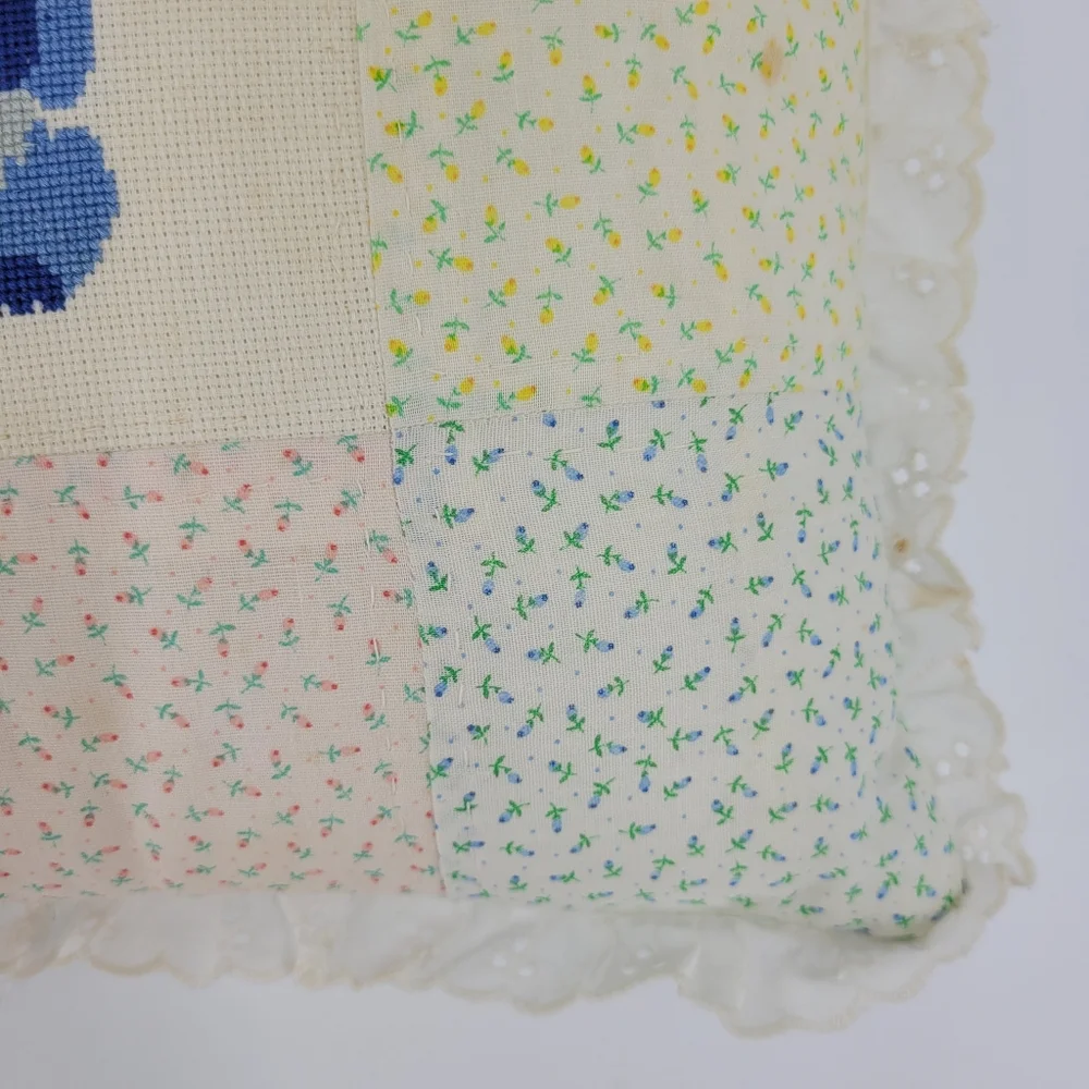 Handmade Vintage Quilted Cross Stitch Pillow Floral Dog Puppy Lace Grandma